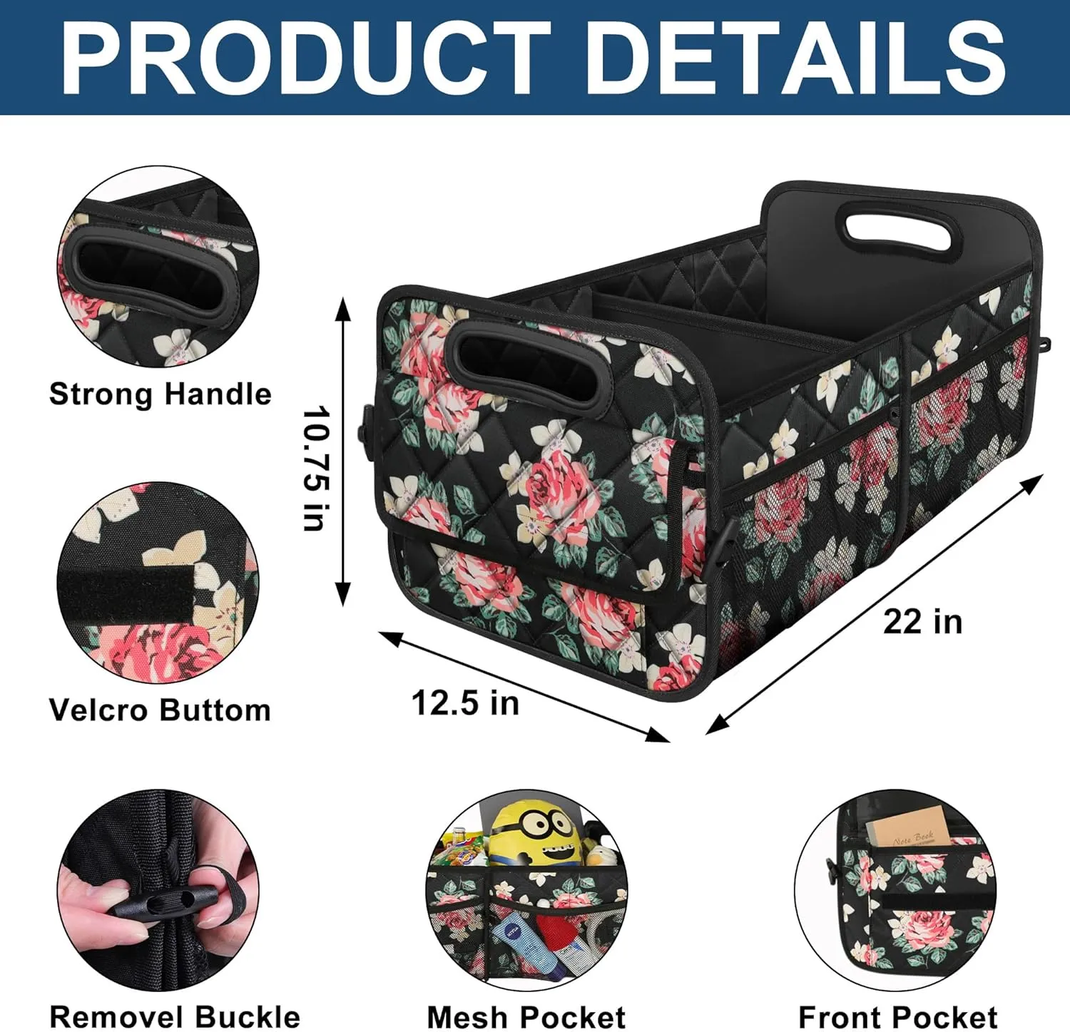Deosk Car Trunk Organzier for SUV, Car Organziers and Storage with 6 Big Pocket, 50L Waterproof Polyester Car Accessories for Women/Men (Medium, Floral)