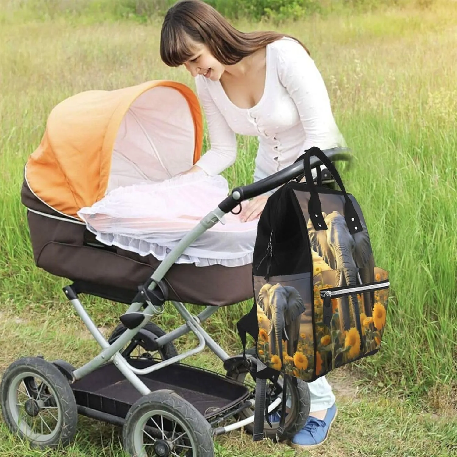 Diaper Bag Backpack Elephant with sunflower Nappy Backpack Maternity Baby Nappy Bag Changing Bags for Travel