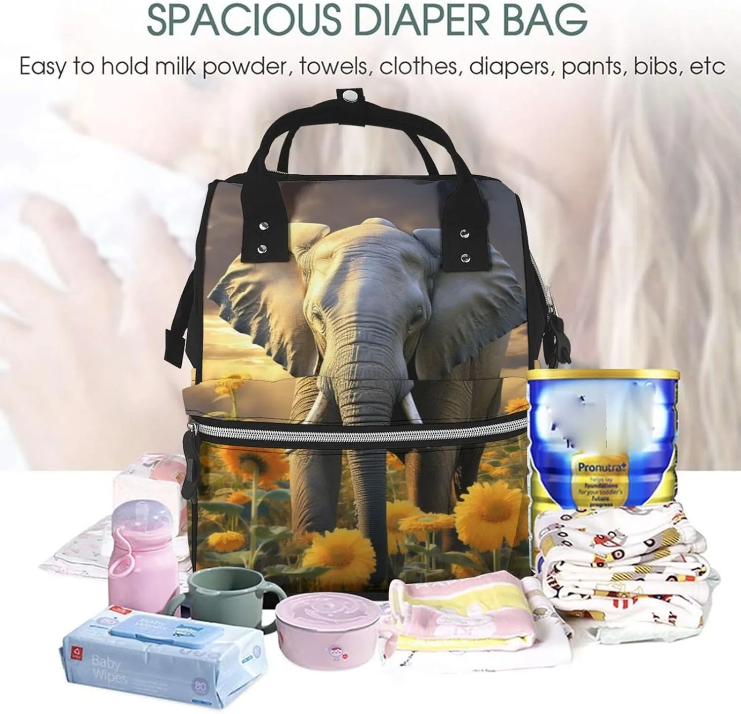 Diaper Bag Backpack Elephant with sunflower Nappy Backpack Maternity Baby Nappy Bag Changing Bags for Travel