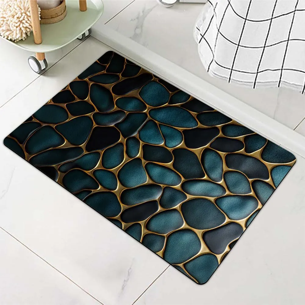 Diatomaceous Earth Bath Mat,Blue and Gold Stones Non-Slip Volume Super Absorbent Fast Drying for Bathroom Kitchen mat,Eco-Friendly Easy to Clean 20×31Inch (50 * 80cm)