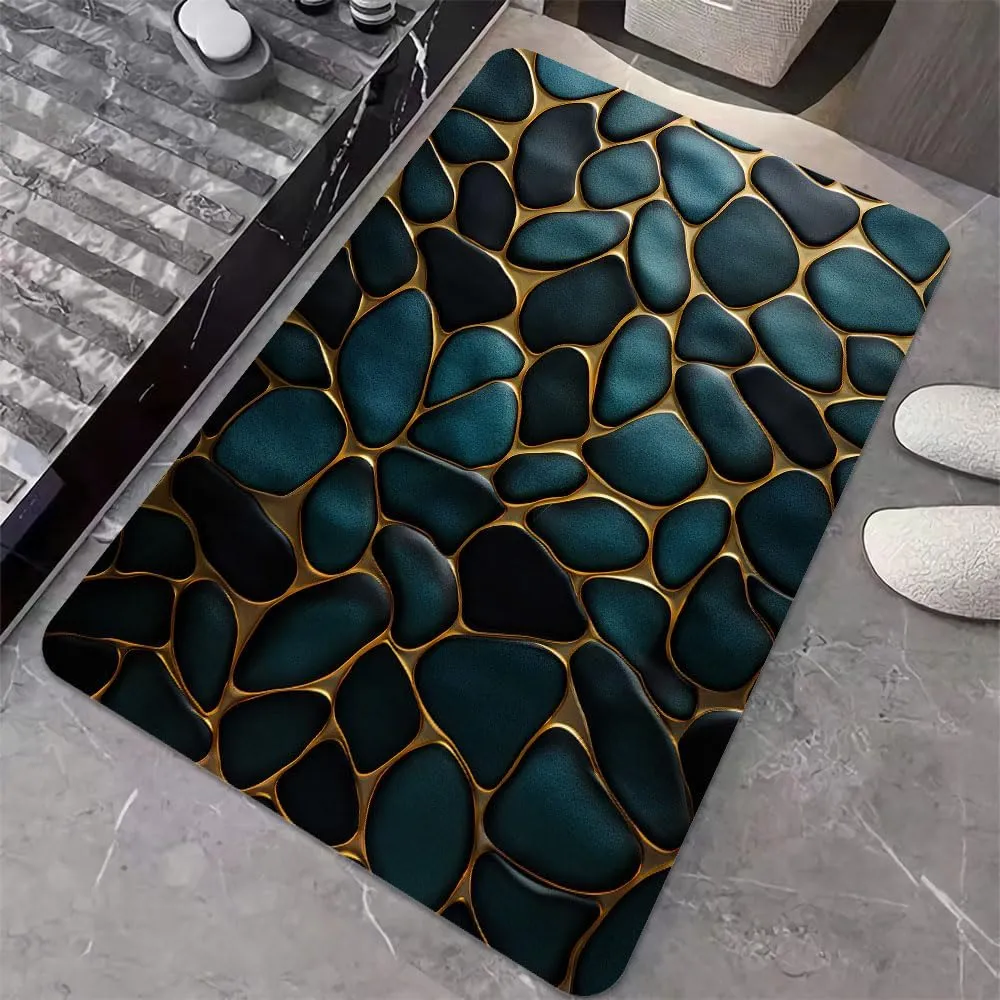 Diatomaceous Earth Bath Mat,Blue and Gold Stones Non-Slip Volume Super Absorbent Fast Drying for Bathroom Kitchen mat,Eco-Friendly Easy to Clean 20×31Inch (50 * 80cm)
