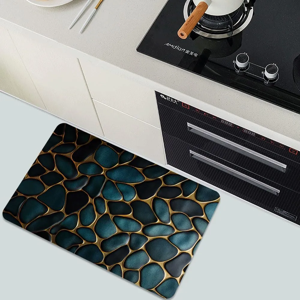 Diatomaceous Earth Bath Mat,Blue and Gold Stones Non-Slip Volume Super Absorbent Fast Drying for Bathroom Kitchen mat,Eco-Friendly Easy to Clean 20×31Inch (50 * 80cm)