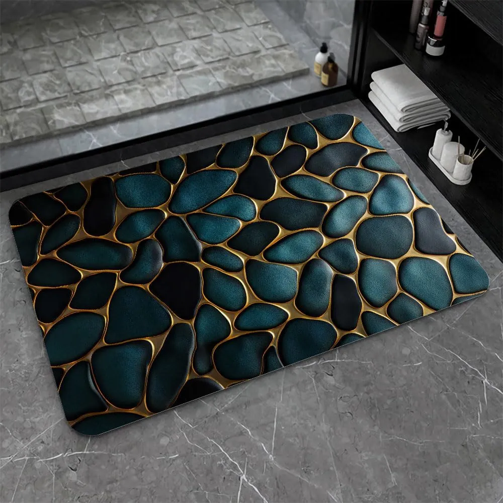 Diatomaceous Earth Bath Mat,Blue and Gold Stones Non-Slip Volume Super Absorbent Fast Drying for Bathroom Kitchen mat,Eco-Friendly Easy to Clean 20×31Inch (50 * 80cm)