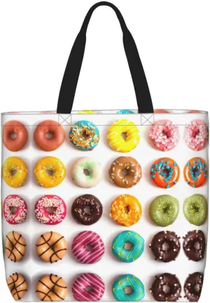 Different Flavors of Doughnuts print Large capacity zipper shoulder convenience bag tote bag Gift travel shopping bag