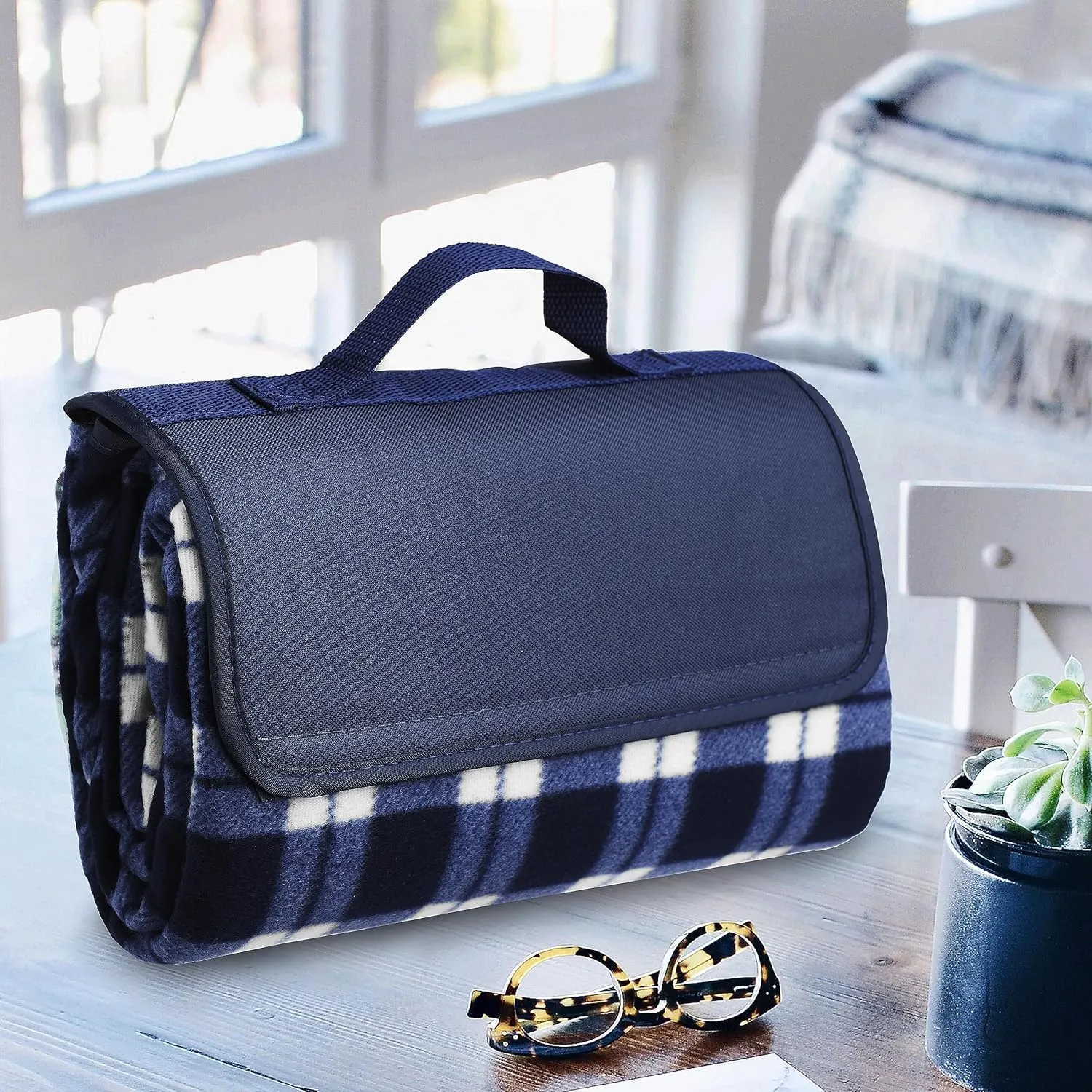 DISCOUNT PROMOS 6 Brookhaven Roll Up Picnic Blankets Set - Fleece, Woven Handle - Navy Blue