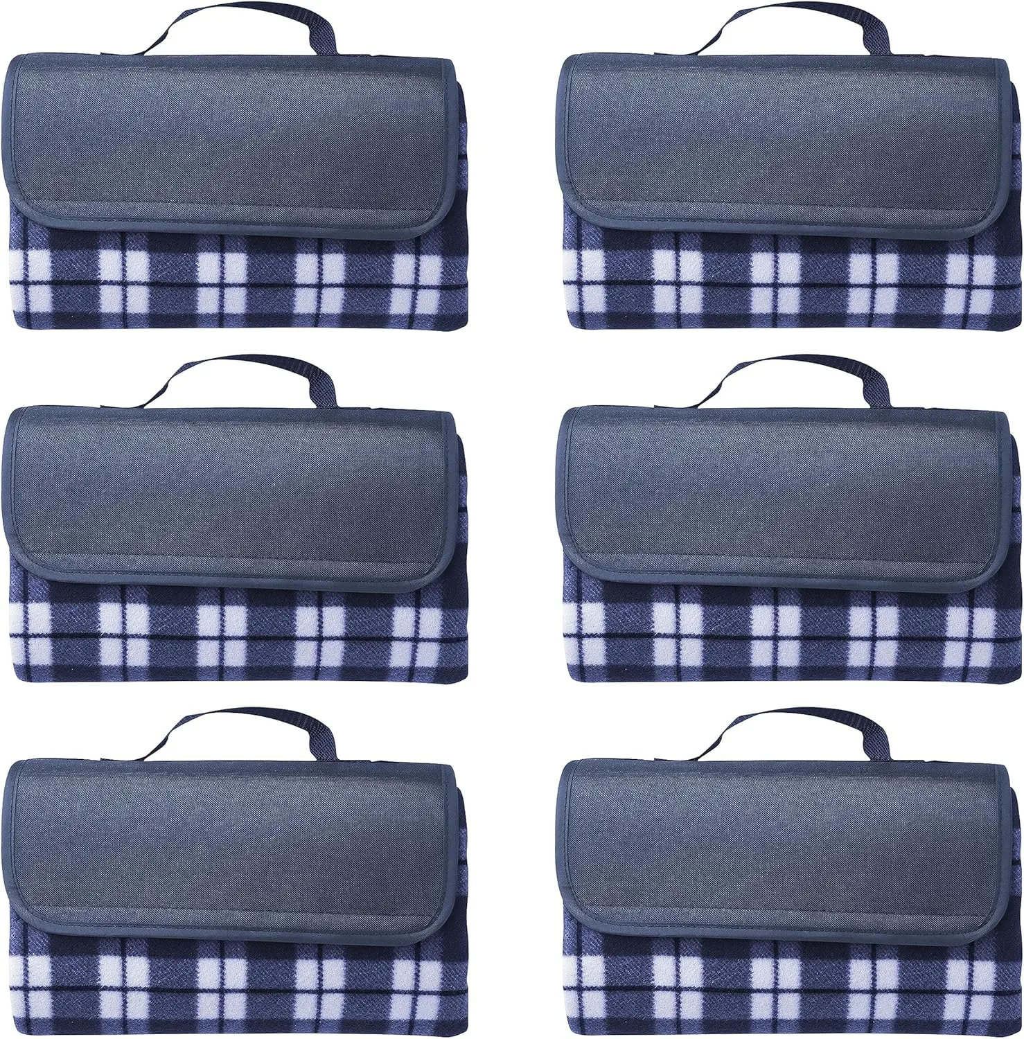 DISCOUNT PROMOS 6 Brookhaven Roll Up Picnic Blankets Set - Fleece, Woven Handle - Navy Blue