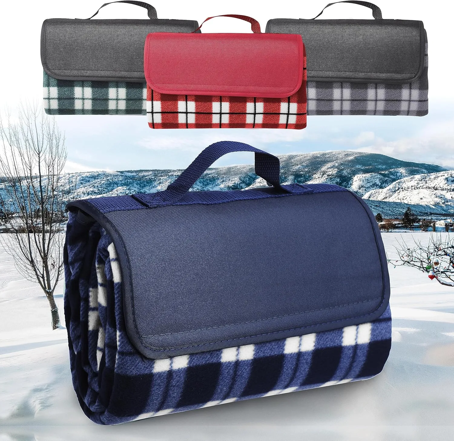 DISCOUNT PROMOS 6 Brookhaven Roll Up Picnic Blankets Set - Fleece, Woven Handle - Navy Blue