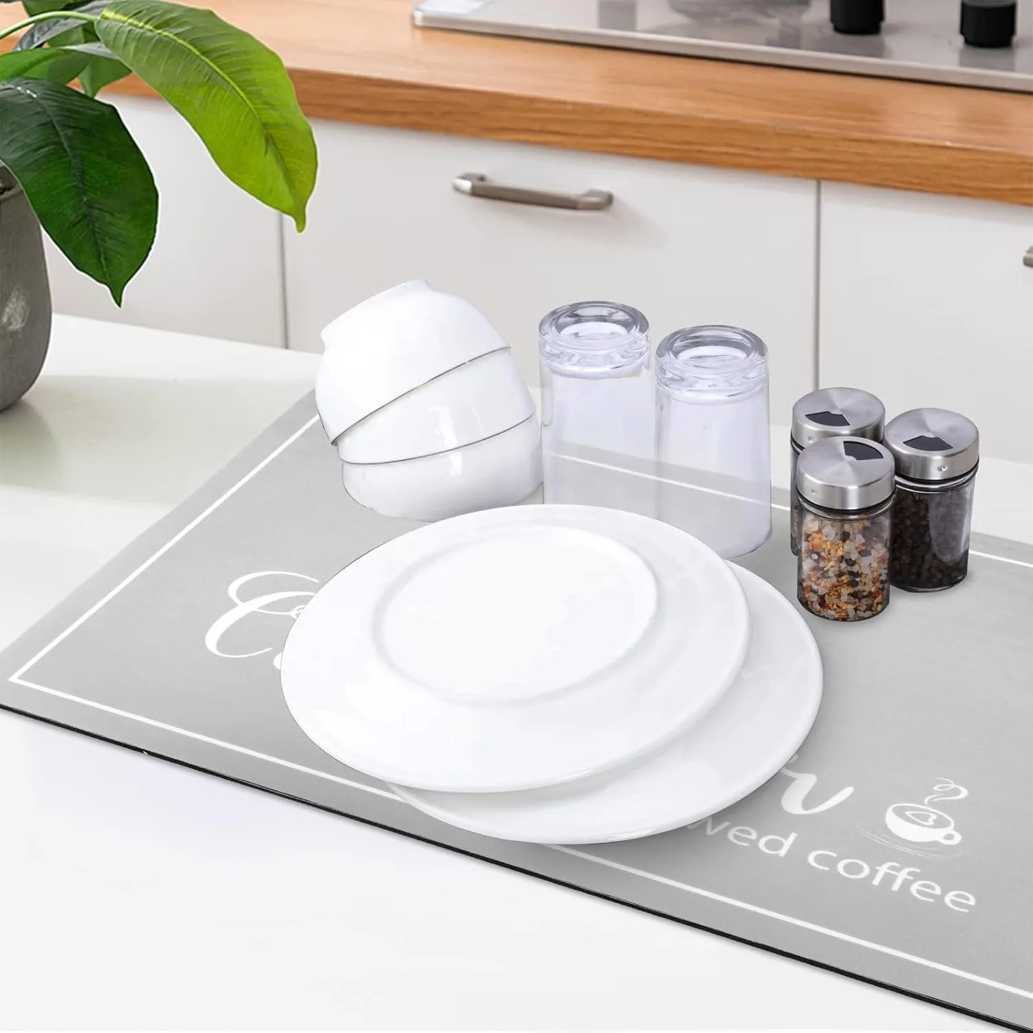 Dish Drying Mat, 17"x32" Absorbent Countertop Mat with Coffee Cup Pattern, LightGrey