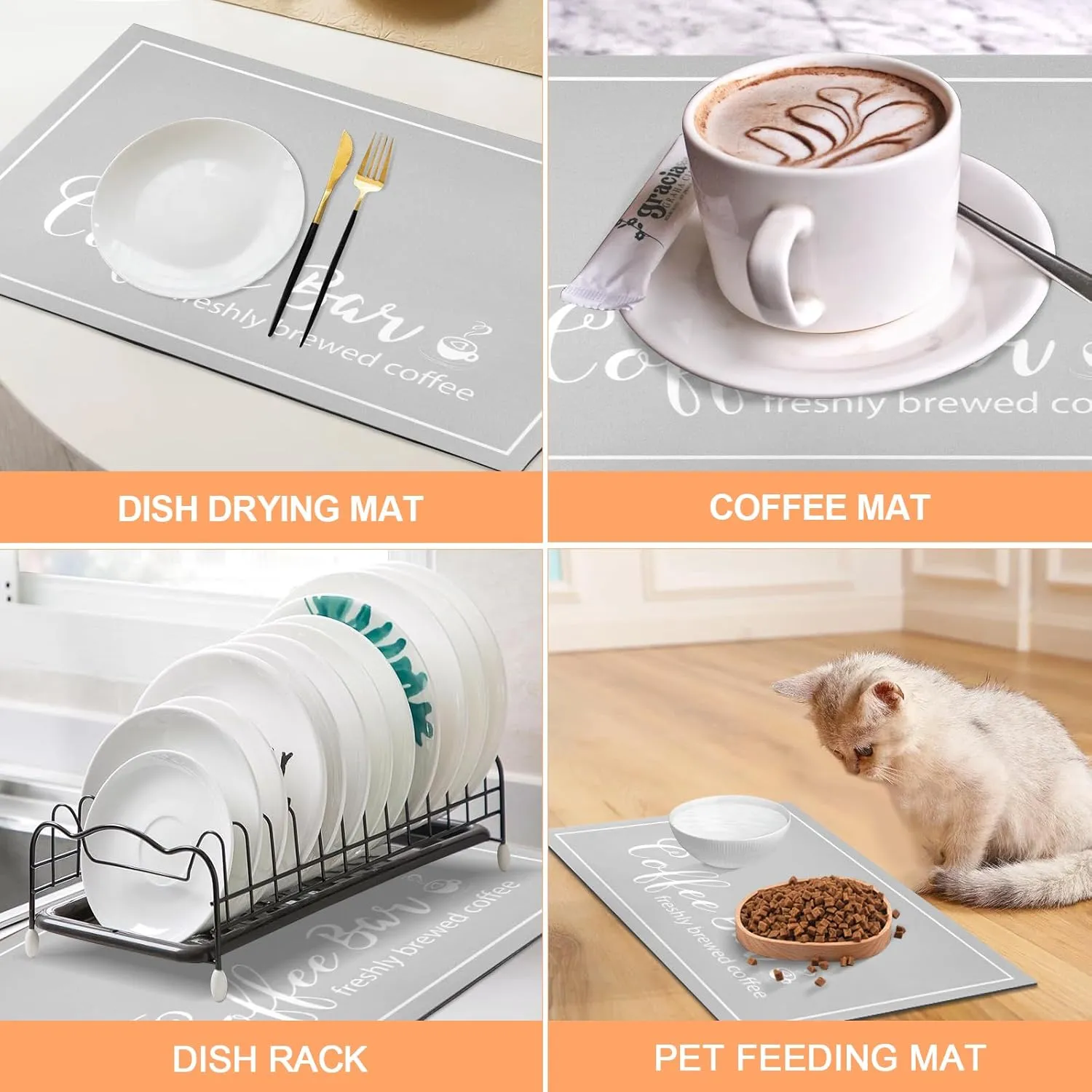 Dish Drying Mat, 17"x32" Absorbent Countertop Mat with Coffee Cup Pattern, LightGrey