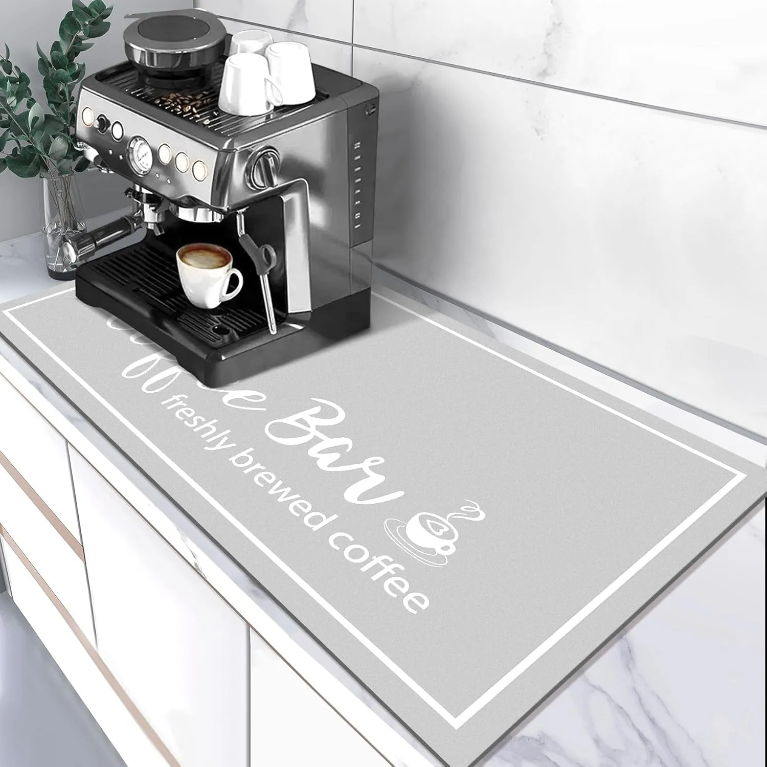 Dish Drying Mat, 17"x32" Absorbent Countertop Mat with Coffee Cup Pattern, LightGrey