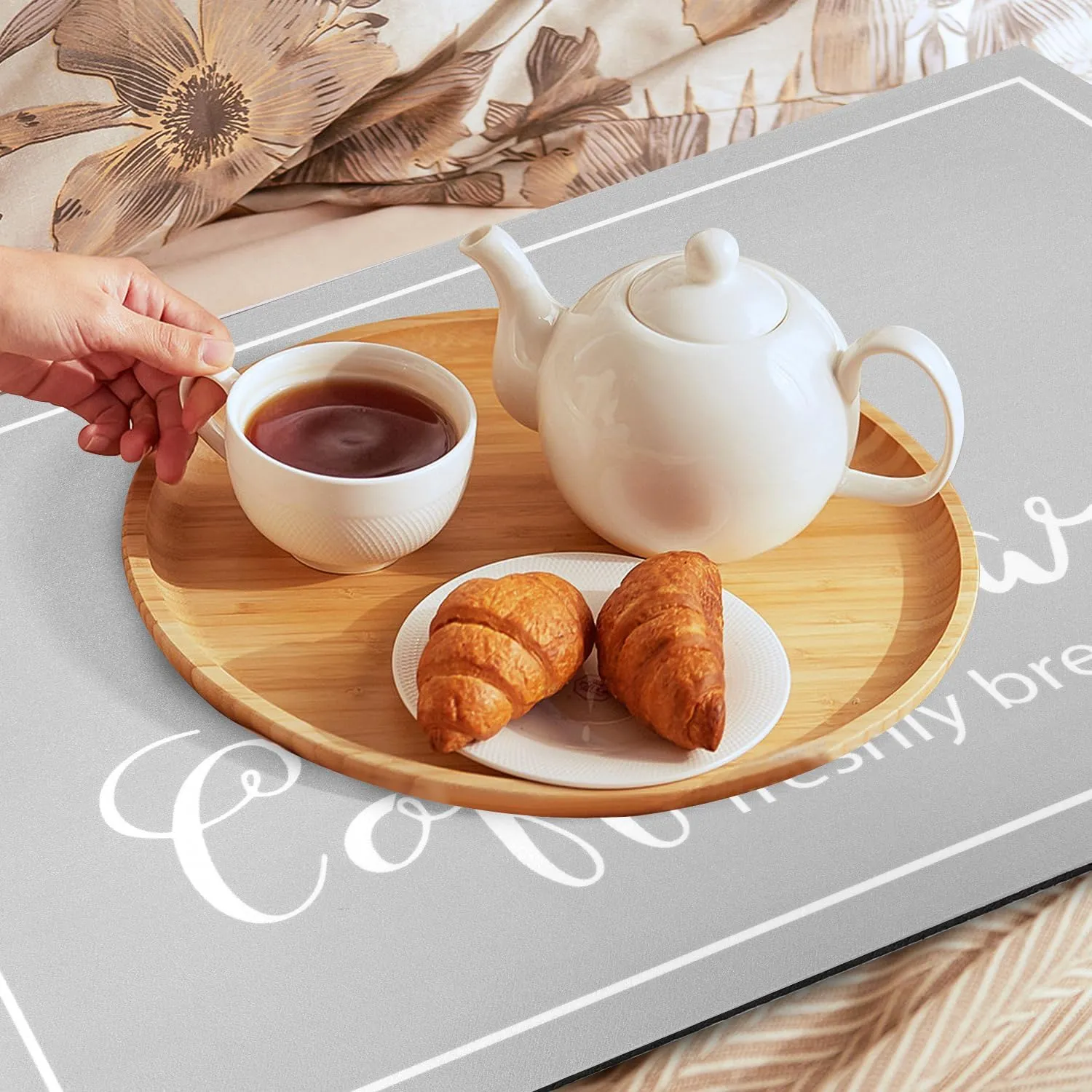 Dish Drying Mat, 17"x32" Absorbent Countertop Mat with Coffee Cup Pattern, LightGrey