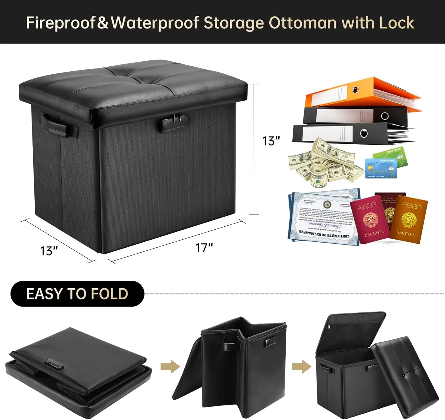 DocSafe Storage Ottoman with Lock,Fireproof Folding Ottoman Foot Rest Stool Storage Chest with Storage Safe for Important Documents,Waterproof 17 Inches Short Ottoman Foot Stool with Handles,Black