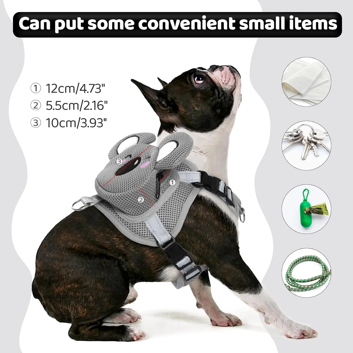 Dog Backpack Harness Dog Self Carrier Bag Adjustable No-Pull Pet Harness Vest Puppy Mesh Saddle Bag with D-Ring Cute Koala Backpack for Outdoor Travel Hiking Daily Walking Small Medium Dogs