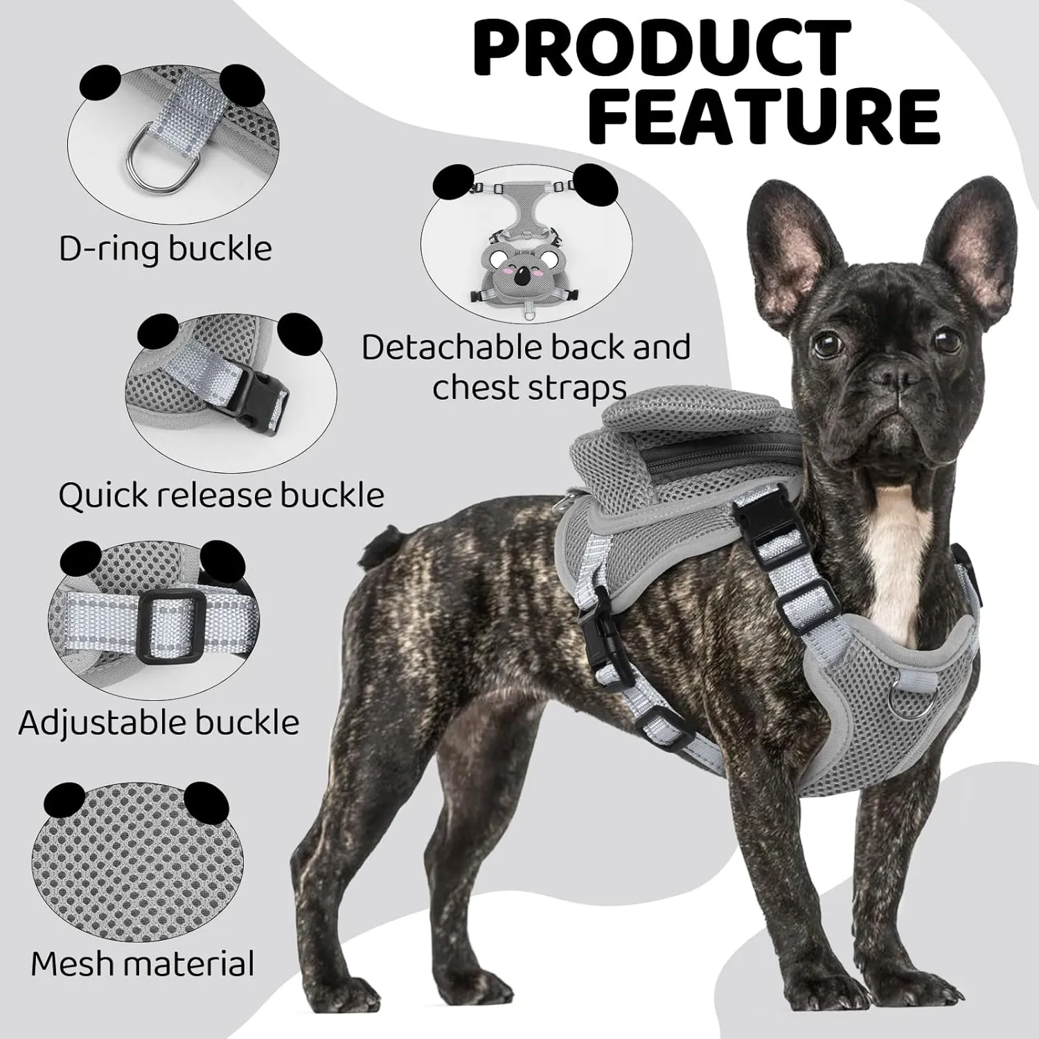 Dog Backpack Harness Dog Self Carrier Bag Adjustable No-Pull Pet Harness Vest Puppy Mesh Saddle Bag with D-Ring Cute Koala Backpack for Outdoor Travel Hiking Daily Walking Small Medium Dogs