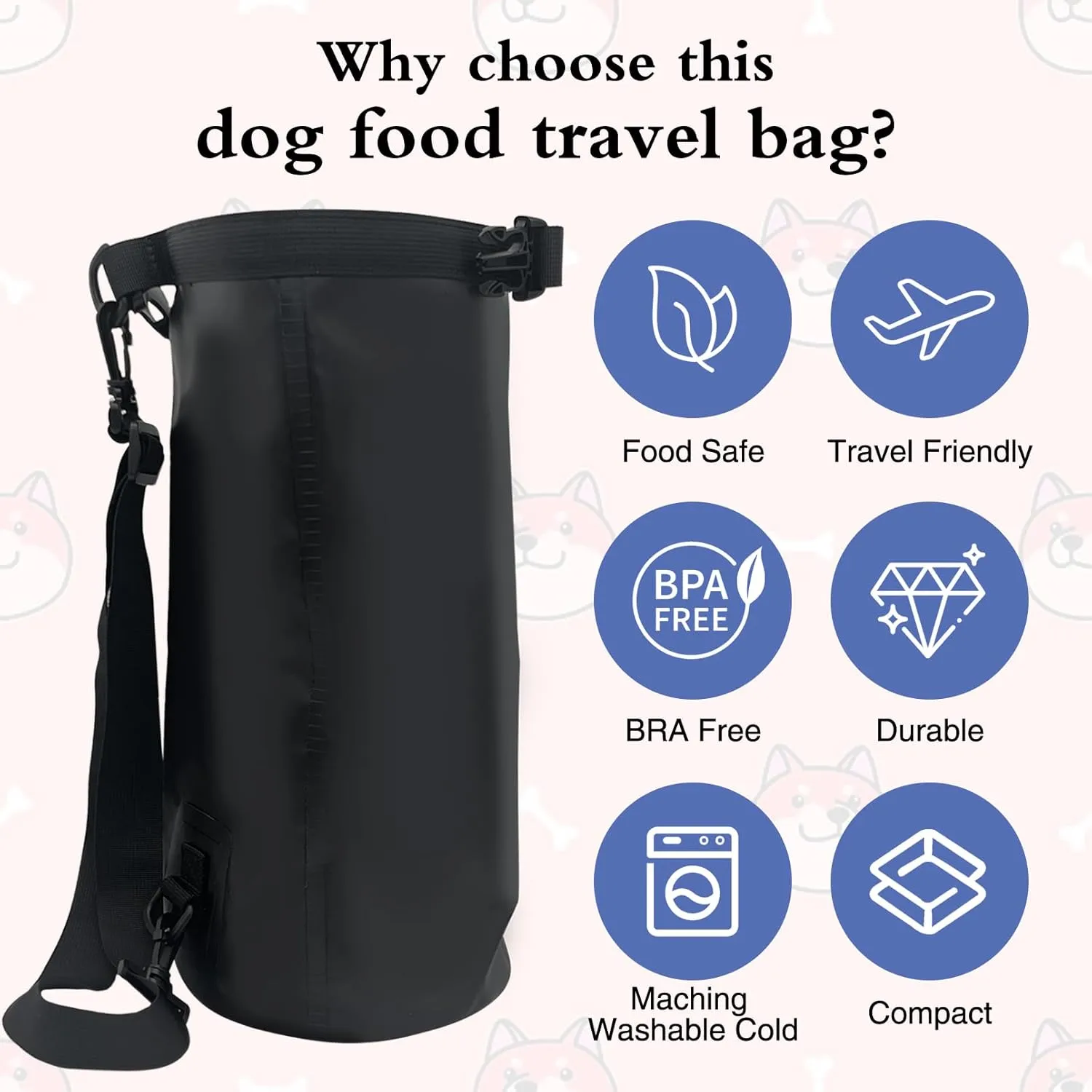 Dog Food Travel Bag, 20L Large Pet Food Travel Storage Bag with Shoulder Strap Waterproof Portable Puppy Feeder Container Food System to Keep Food Fresh for Camping Hiking-Black