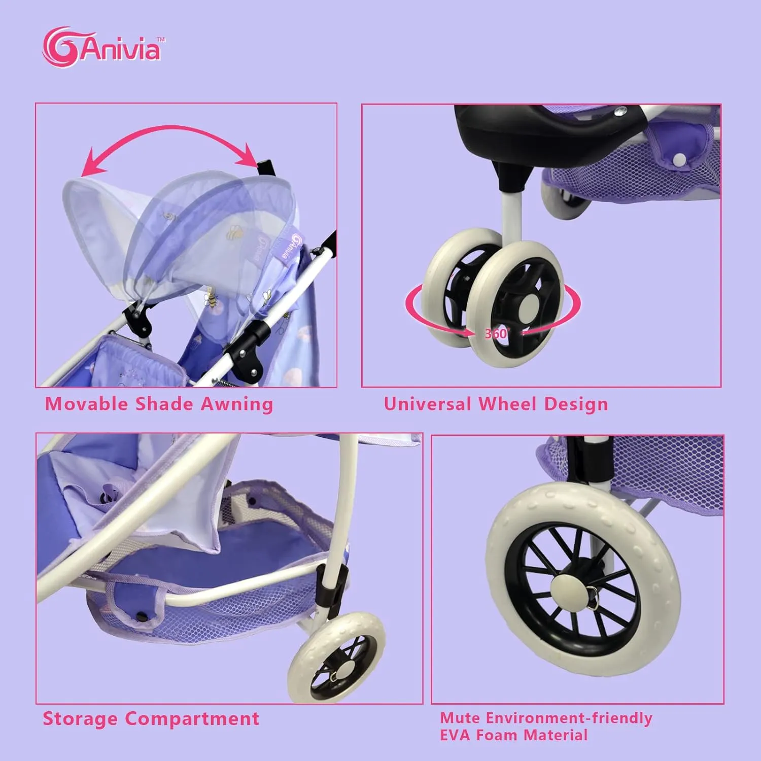 Doll Stroller Toy Anivia Realistic Doll Stroller Heart Design Gifts for Toddlers and Girls Foldable Baby Doll Stroller Toy (DA310pur)