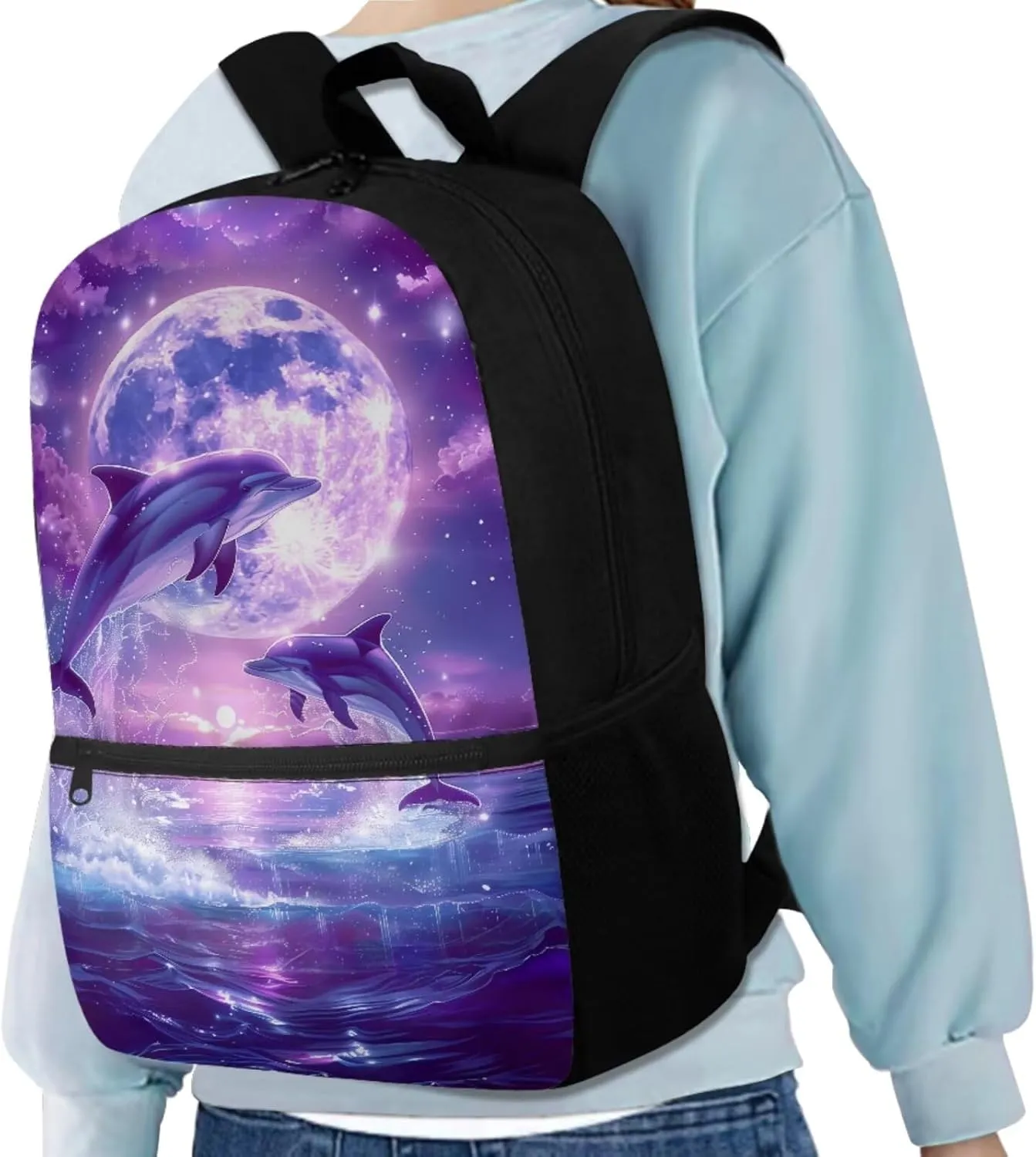 Dolphin Backpack for Girls Kids Backpack with Lunch Box Water Bottle Pouch and Aesthetic Pencil Case 4PCS Set Bookbag with Front Pocket for School Teens 17 inch Large Elementary School Bag