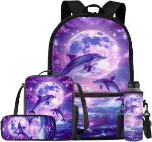 Dolphin Backpack for Girls Kids Backpack with Lunch Box Water Bottle Pouch and Aesthetic Pencil Case 4PCS Set Bookbag with Front Pocket for School Teens 17 inch Large Elementary School Bag