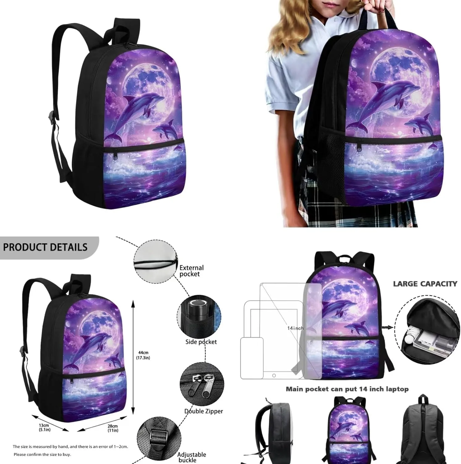 Dolphin Backpack for Girls Kids Backpack with Lunch Box Water Bottle Pouch and Aesthetic Pencil Case 4PCS Set Bookbag with Front Pocket for School Teens 17 inch Large Elementary School Bag