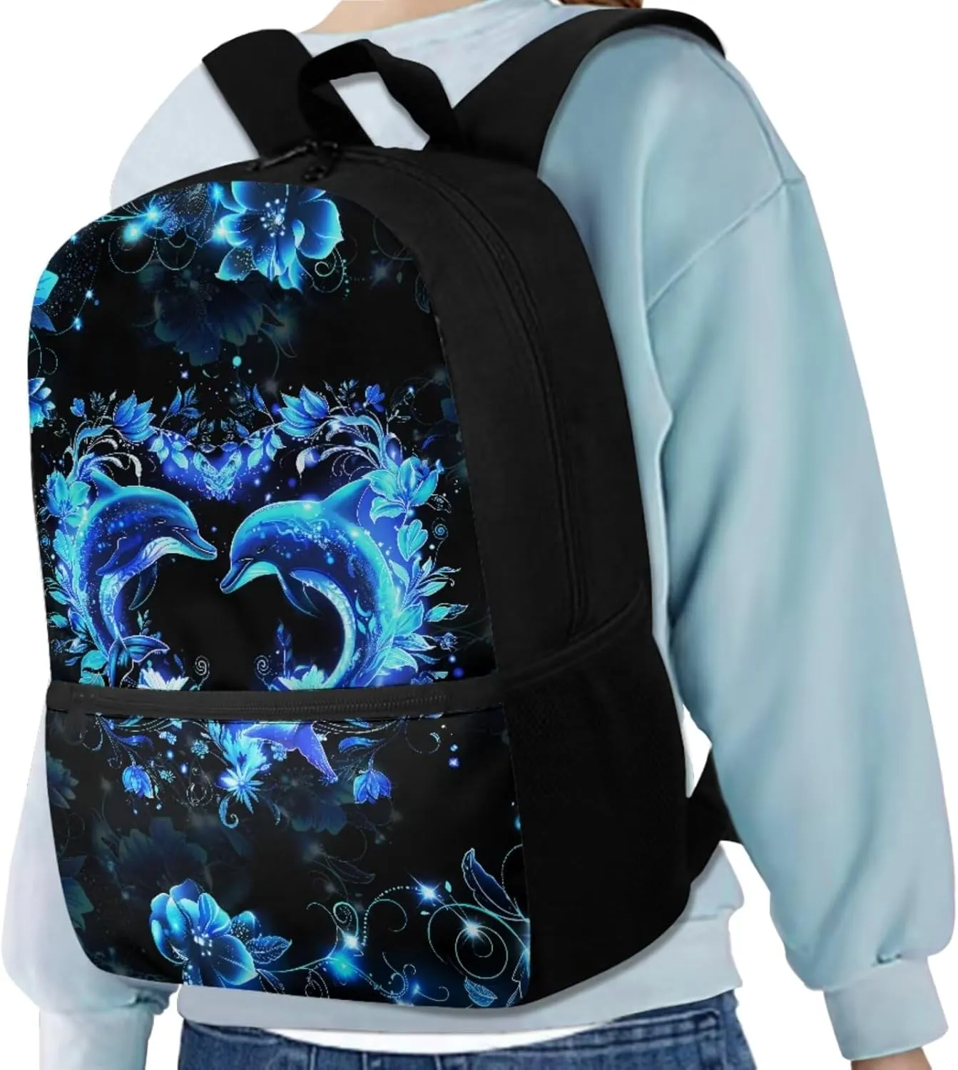 Dolphin Backpack for Girls Kids Backpack with Lunch Box Water Bottle Pouch and Aesthetic Pencil Case 4PCS Set Cute Bookbag with Front Pocket for School Teens 17 inch Large Capacity School Bag