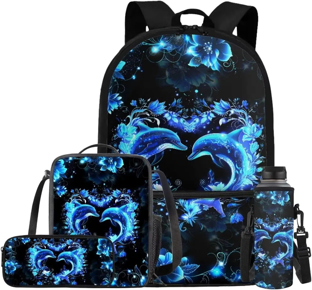 Dolphin Backpack for Girls Kids Backpack with Lunch Box Water Bottle Pouch and Aesthetic Pencil Case 4PCS Set Cute Bookbag with Front Pocket for School Teens 17 inch Large Capacity School Bag
