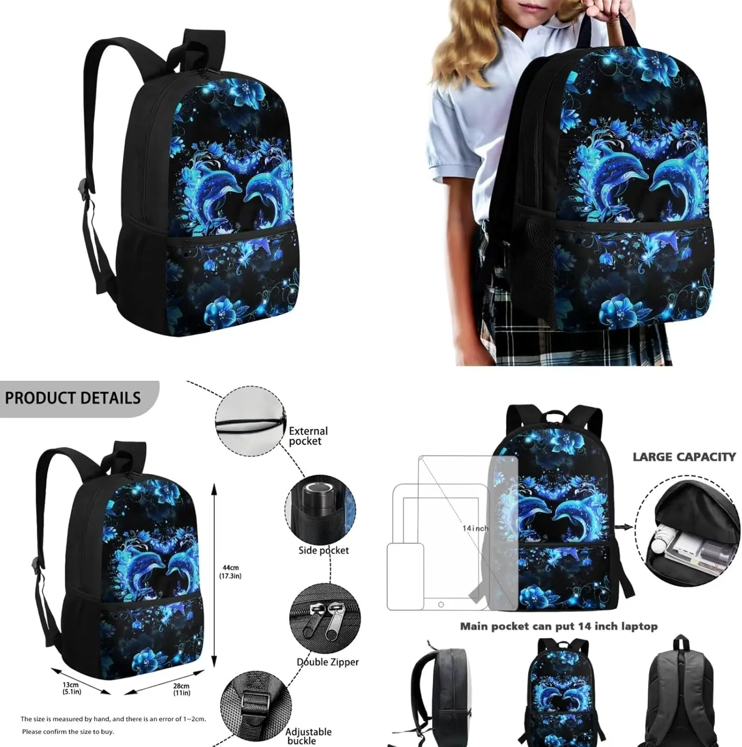 Dolphin Backpack for Girls Kids Backpack with Lunch Box Water Bottle Pouch and Aesthetic Pencil Case 4PCS Set Cute Bookbag with Front Pocket for School Teens 17 inch Large Capacity School Bag