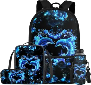 Dolphin Backpack for Girls Kids Backpack with Lunch Box Water Bottle Pouch and Aesthetic Pencil Case 4PCS Set Cute Bookbag with Front Pocket for School Teens 17 inch Large Capacity School Bag