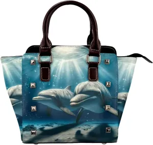 Dolphins-Undersea-World Pu Leather Crossbody Studded Bag, Fashionable Shoulder Handbag With Detachable Shoulder Strap