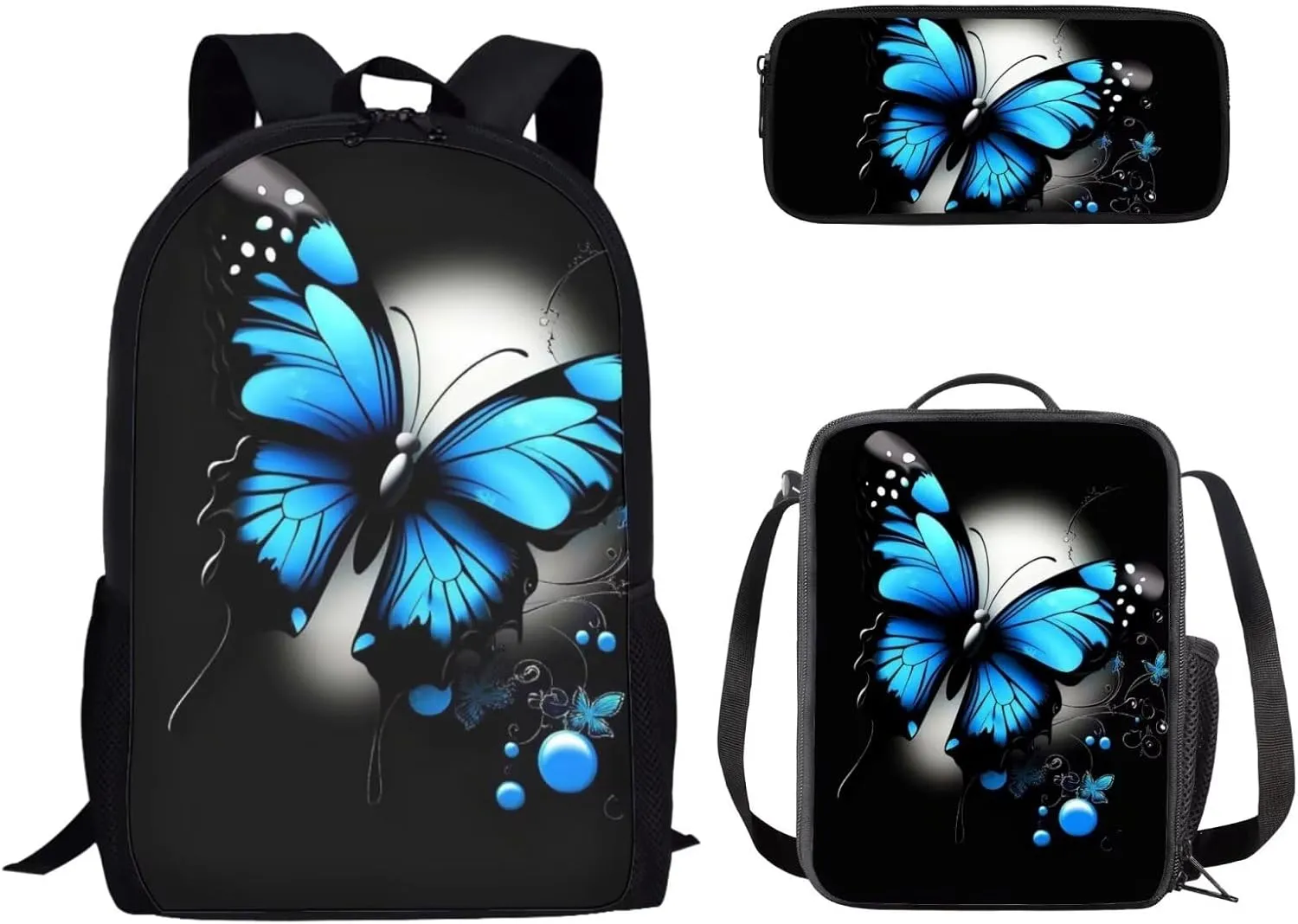 Dolyues Blue Butterfly Print 17 Inch Student Backpack, Bento Lunch Bag & Zipper Pencil Holder - Spacious & Trendy for Teen Girls