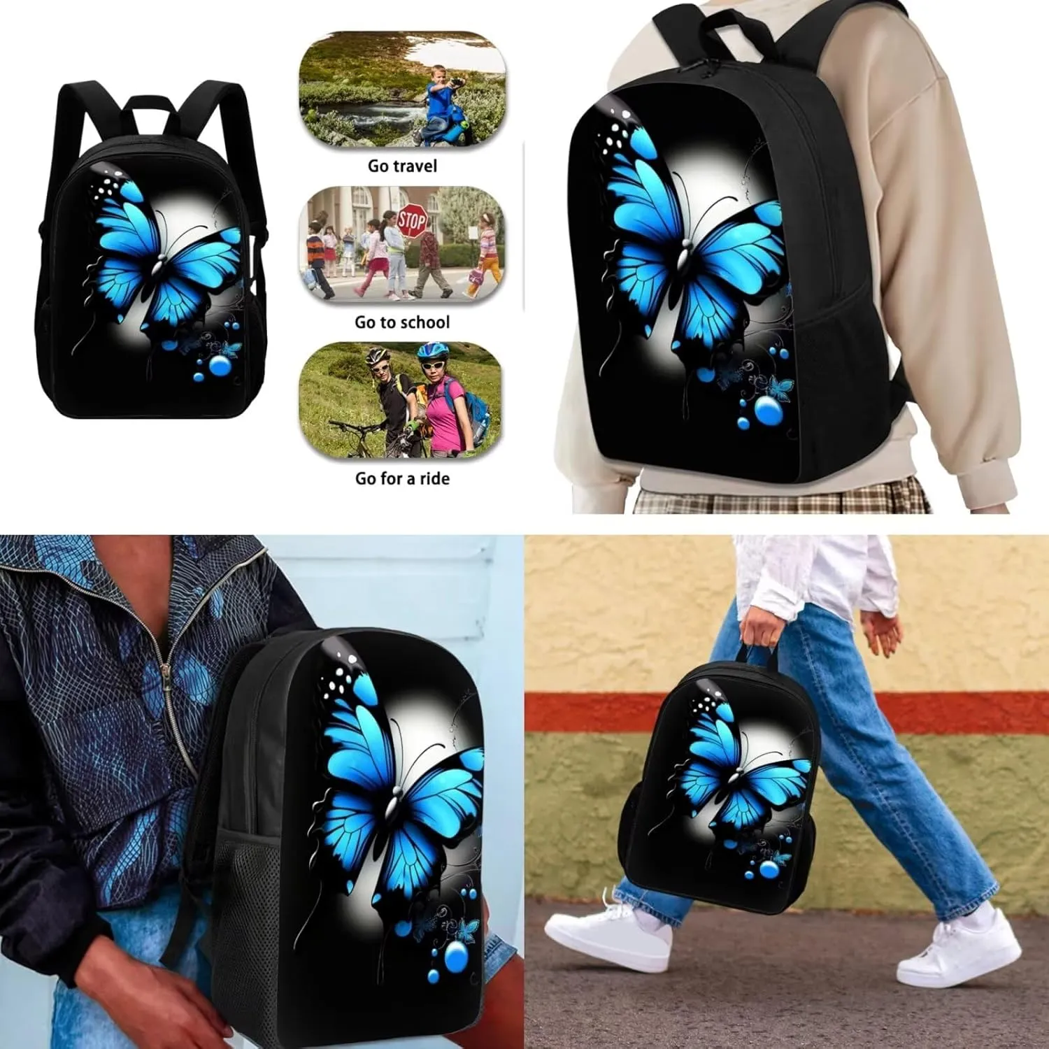 Dolyues Blue Butterfly Print 17 Inch Student Backpack, Bento Lunch Bag & Zipper Pencil Holder - Spacious & Trendy for Teen Girls