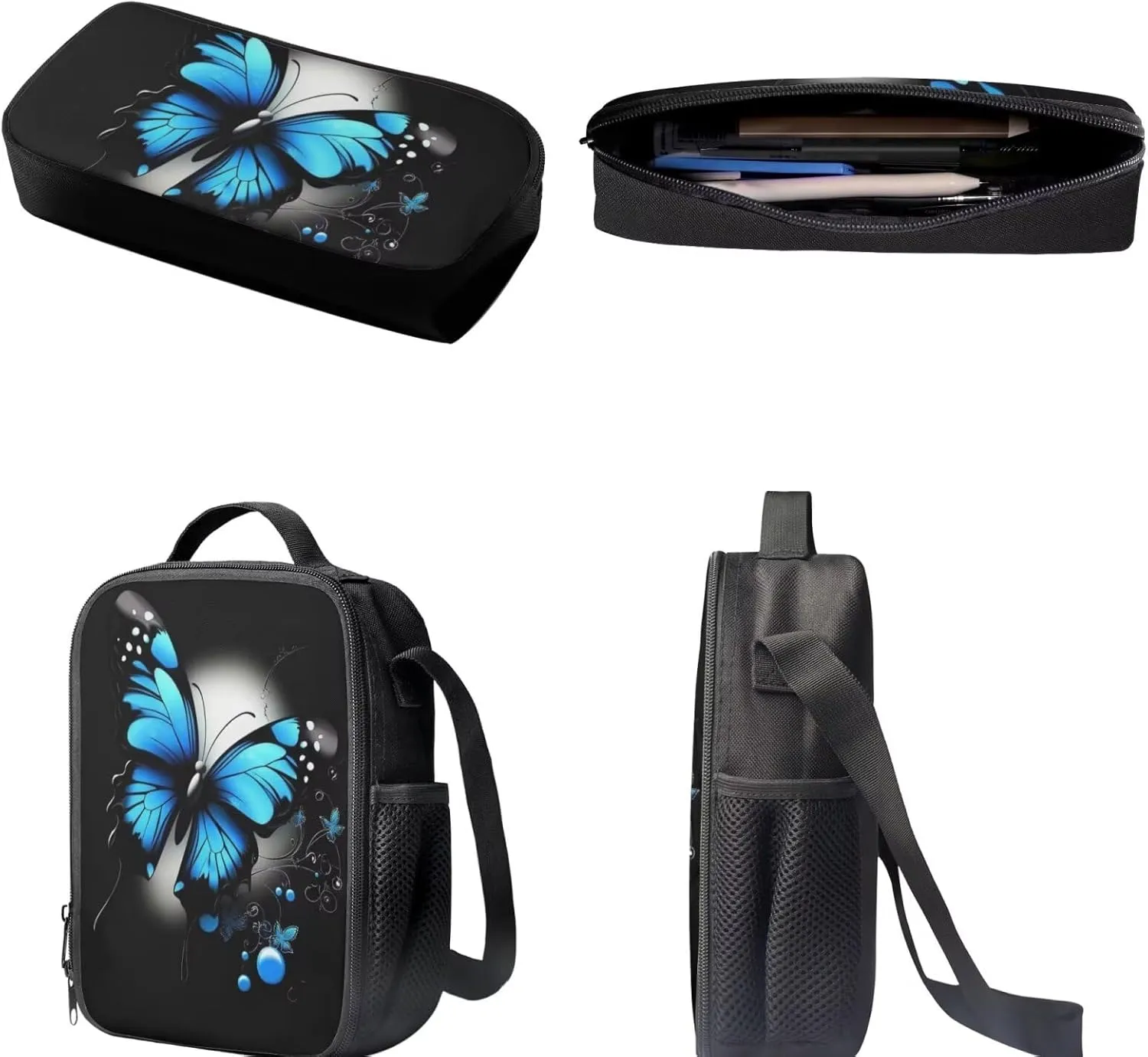 Dolyues Blue Butterfly Print 17 Inch Student Backpack, Bento Lunch Bag & Zipper Pencil Holder - Spacious & Trendy for Teen Girls