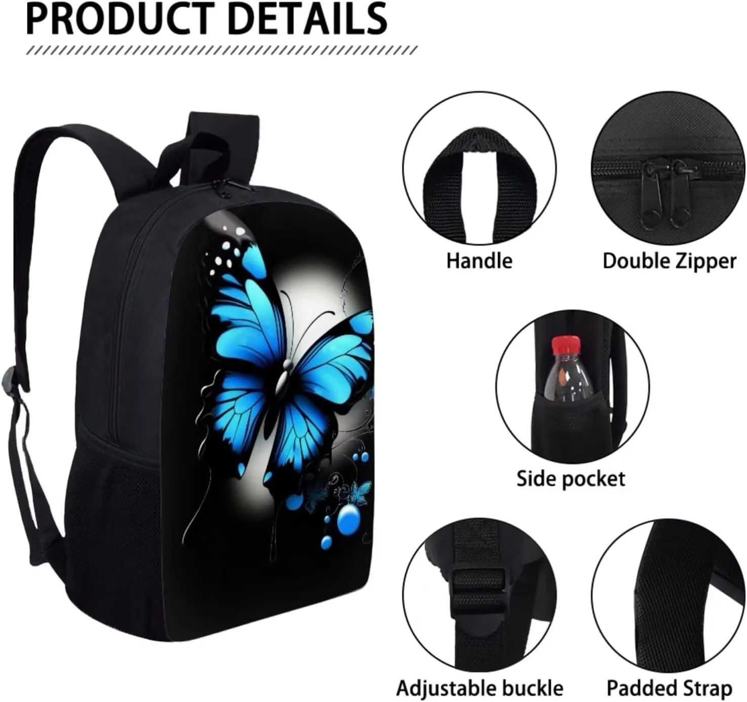 Dolyues Blue Butterfly Print 17 Inch Student Backpack, Bento Lunch Bag & Zipper Pencil Holder - Spacious & Trendy for Teen Girls