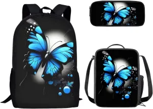 Dolyues Blue Butterfly Print 17 Inch Student Backpack, Bento Lunch Bag & Zipper Pencil Holder - Spacious & Trendy for Teen Girls