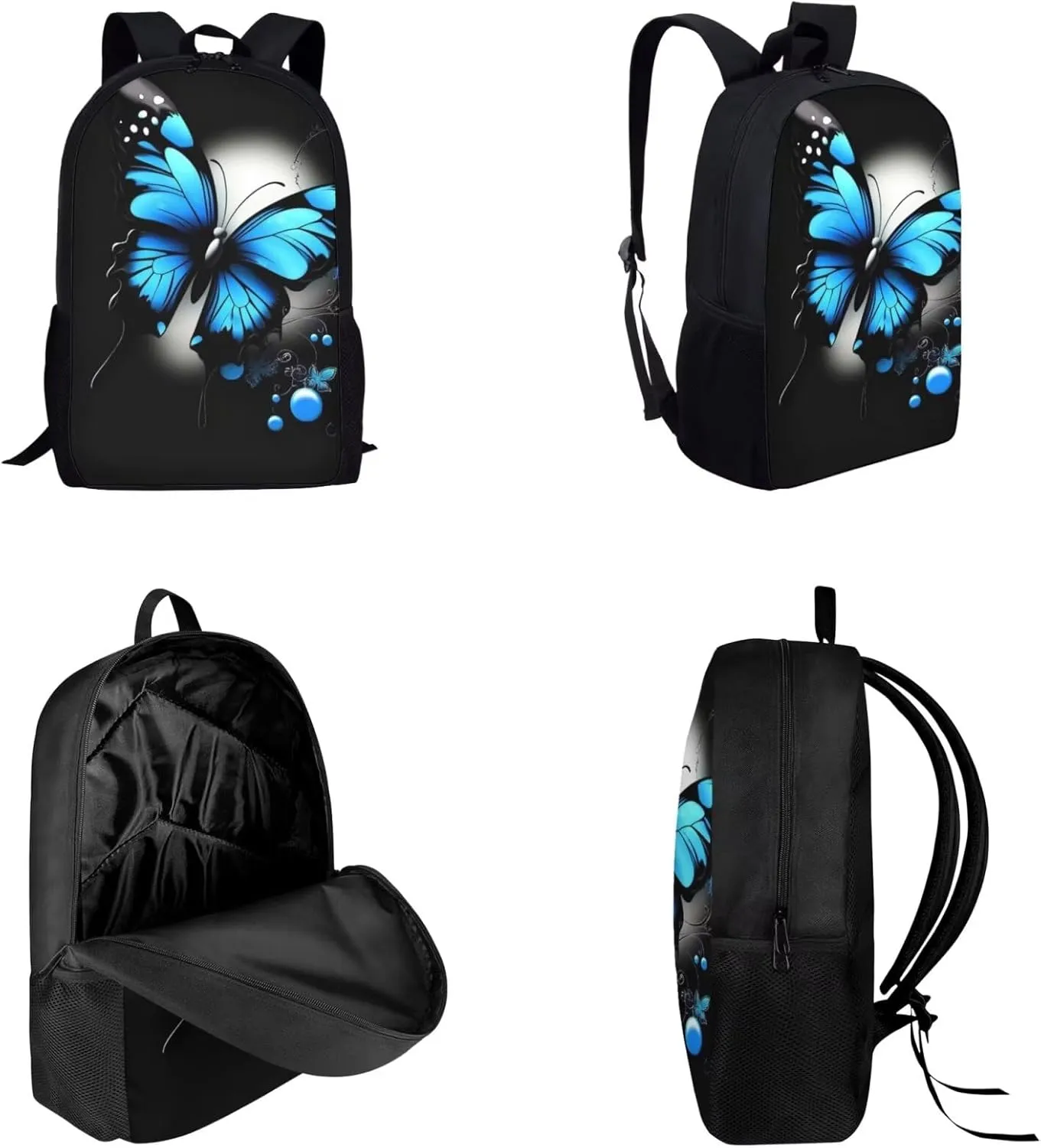 Dolyues Blue Butterfly Print 17 Inch Student Backpack, Bento Lunch Bag & Zipper Pencil Holder - Spacious & Trendy for Teen Girls