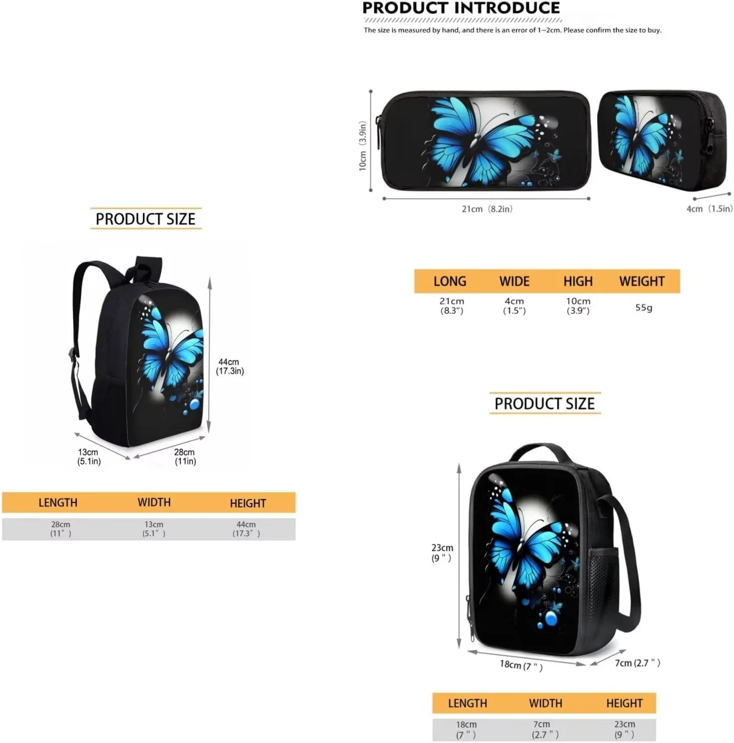 Dolyues Blue Butterfly Print 17 Inch Student Backpack, Bento Lunch Bag & Zipper Pencil Holder - Spacious & Trendy for Teen Girls