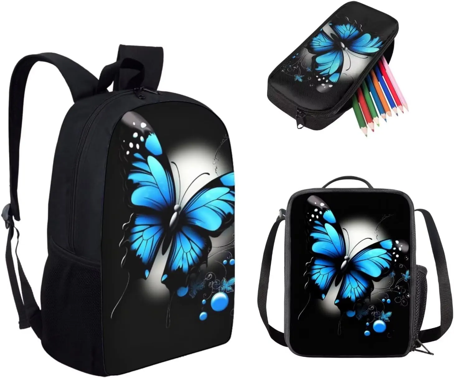 Dolyues Blue Butterfly Print 17 Inch Student Backpack, Bento Lunch Bag & Zipper Pencil Holder - Spacious & Trendy for Teen Girls