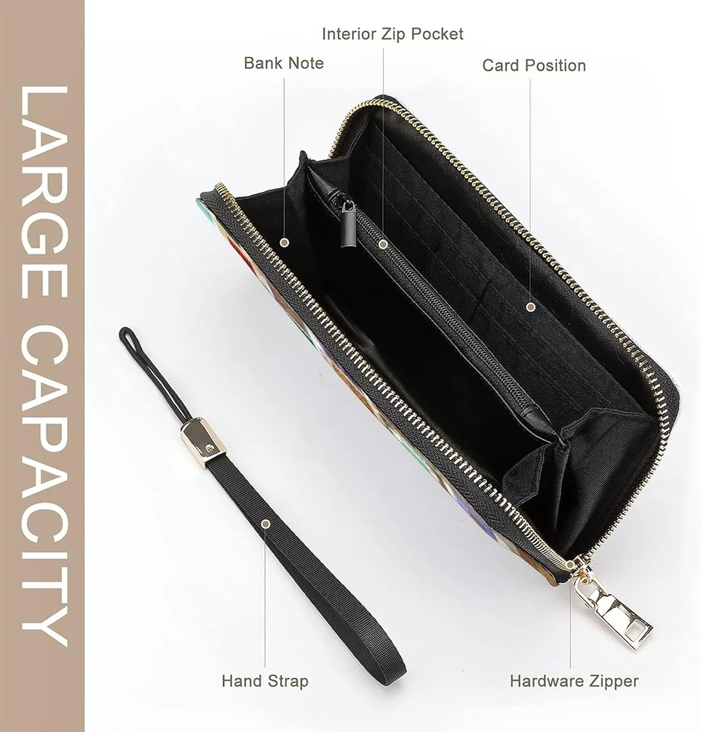Donnapink Long Clutch Wallet, Long Handbag with Wristlet Strap, PU Leather Zip Purse