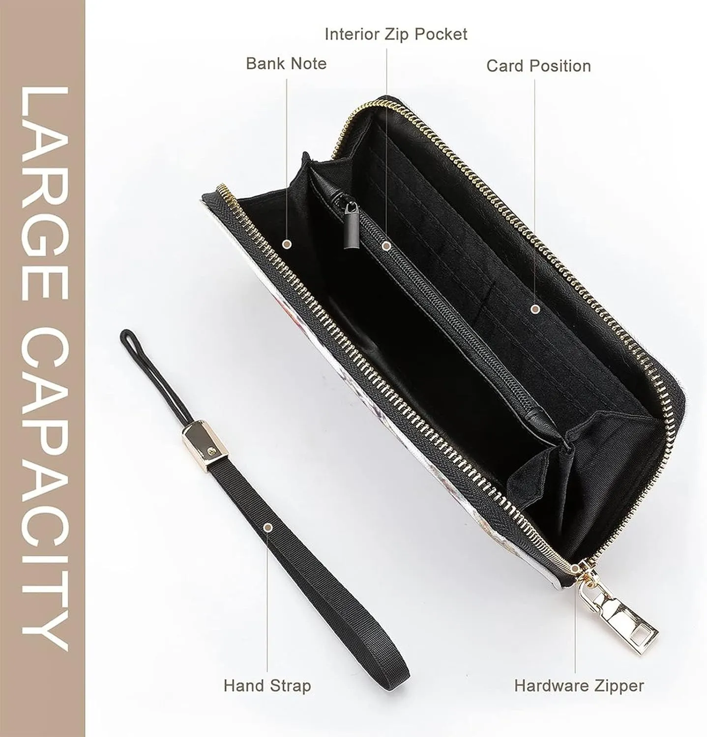 Donnapink Long Clutch Wallet, Long Handbag with Wristlet Strap, PU Leather Zip Purse