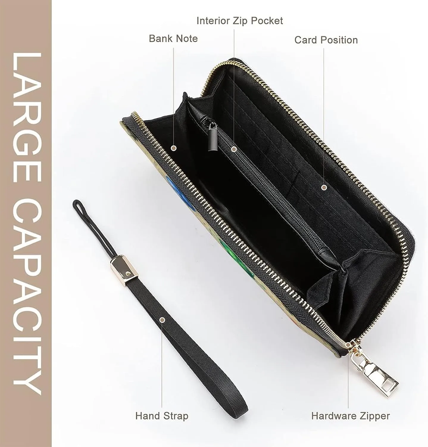 Donnapink Long Clutch Wallet, Long Handbag with Wristlet Strap, PU Leather Zip Purse