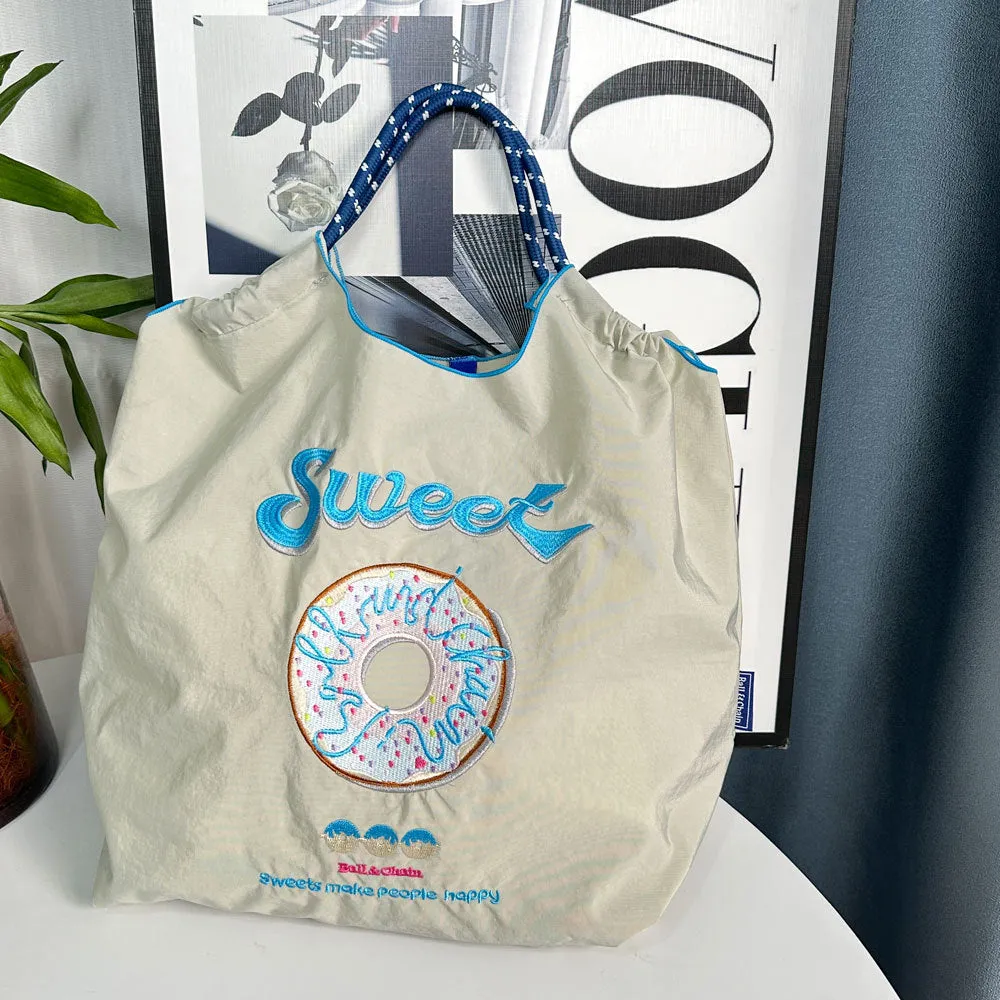 Donut Embroidery Shopping Large Capacity Nylon Handbags