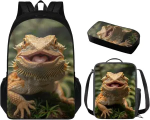 Dragon Lizard Backpack for Boys Kids Backpack with Lunch Box and Big Pencil Case 3PC Set Large Capacity Bookbag for Middle School Boys Casual Daypack Backpacks Sturdy 17 inch Sturdy School Bag