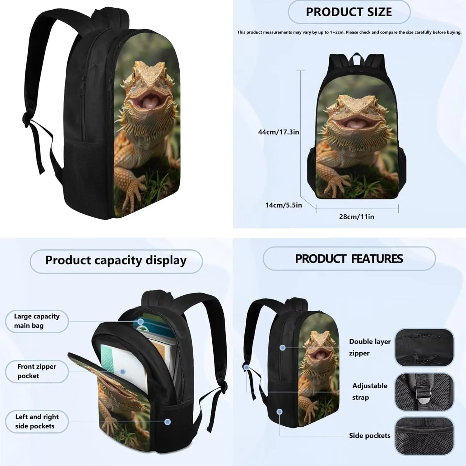 Dragon Lizard Backpack for Boys Kids Backpack with Lunch Box and Big Pencil Case 3PC Set Large Capacity Bookbag for Middle School Boys Casual Daypack Backpacks Sturdy 17 inch Sturdy School Bag