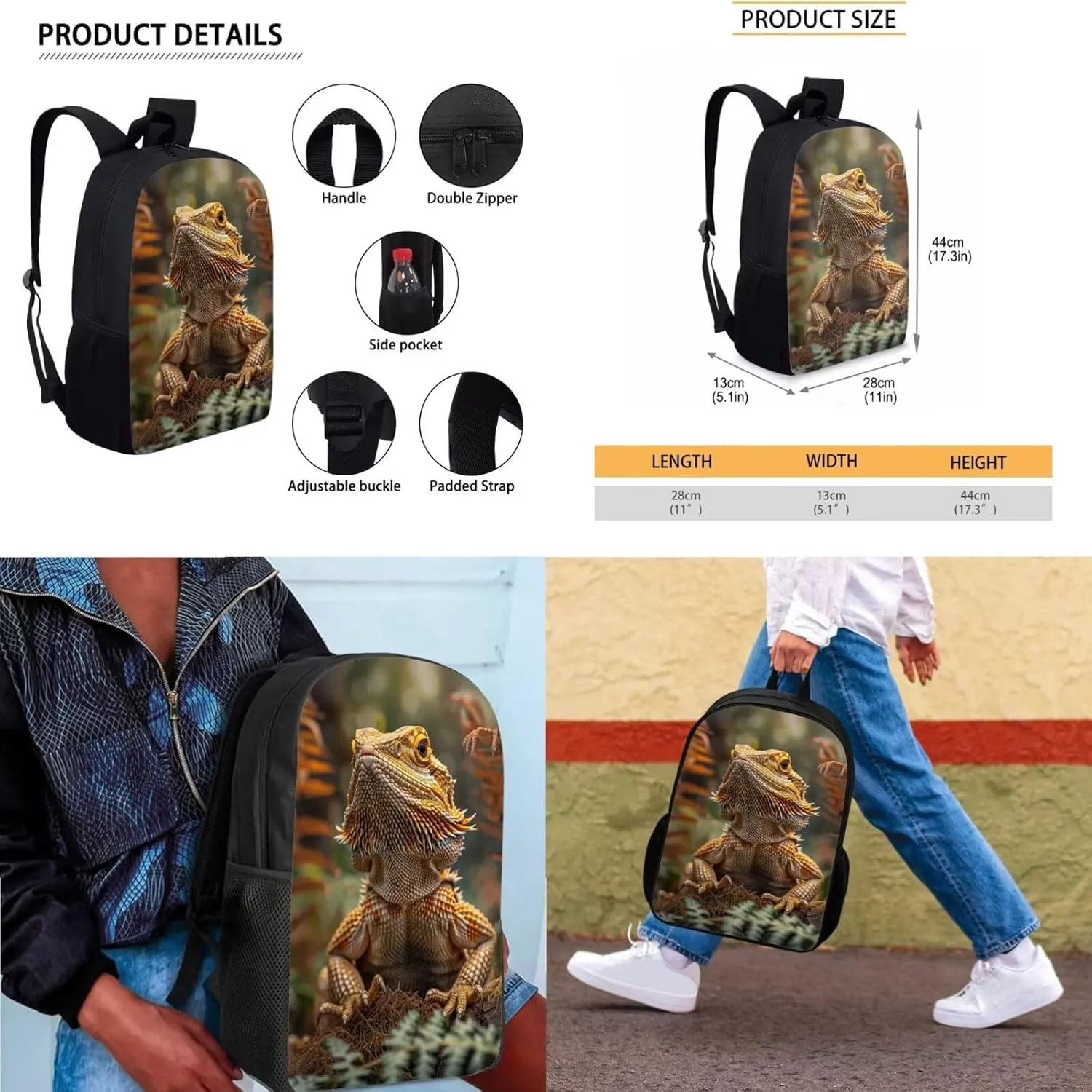 Dragon Lizard Backpack for Kids Boys Backpack with Lunch Box and Big Pencil Case 3PCS Bookbag Set 17" Sturdy School Bag with Side Pocket Casual Daypack Backpacks Kids Back to School Essentials