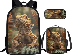 Dragon Lizard Backpack for Kids Boys Backpack with Lunch Box and Big Pencil Case 3PCS Bookbag Set 17" Sturdy School Bag with Side Pocket Casual Daypack Backpacks Kids Back to School Essentials