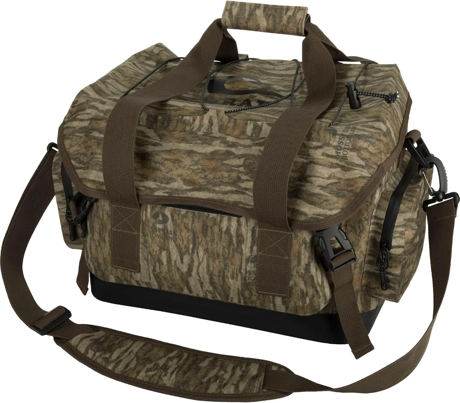 Drake Waterfowl Hunting Camo Waterproof Blind Gear Bag w/Multiple Interior Pockets Adjustable Shoulder Padded Strap, Mossy Oak Bottomland, Large