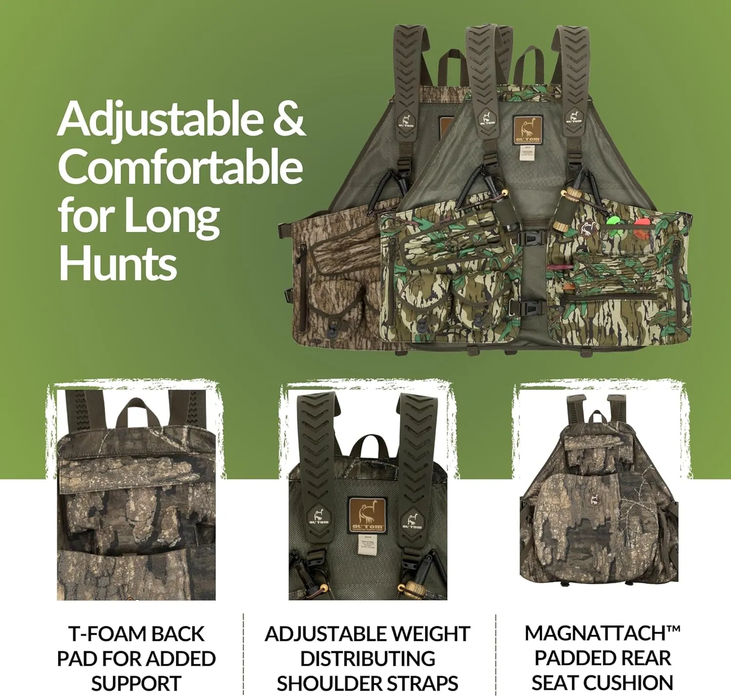 Drake Waterfowl Ol’Tom Time & Motion Gunslinger Adjustable Turkey Vest for Hunting, Mossy Oak Camo