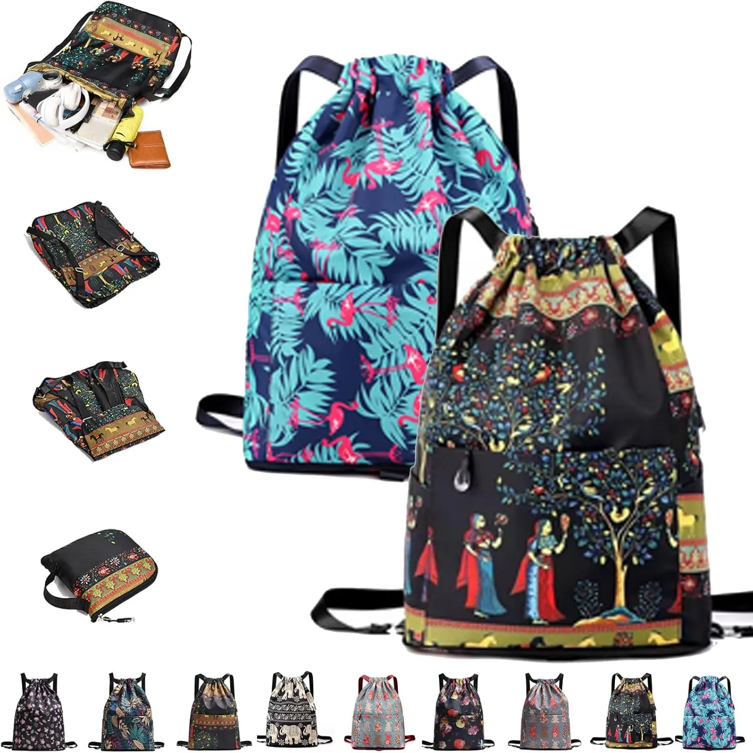 Drawstring Foldable Large Capacity Dry-wet Separation Travel Sports Backpack,Waterproof Lightweight Drawstring Gym Bag (2Pcs-c)