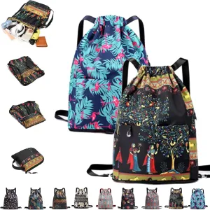 Drawstring Foldable Large Capacity Dry-wet Separation Travel Sports Backpack,Waterproof Lightweight Drawstring Gym Bag (2Pcs-c)