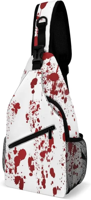 Dripping Blood Splashes Sling Bag Crossbody for Women Men Lightweight Adjustable Extender Strap Terror Shoulder Backpack with Water Bottle Holder Casual Daypack for Hiking Travel