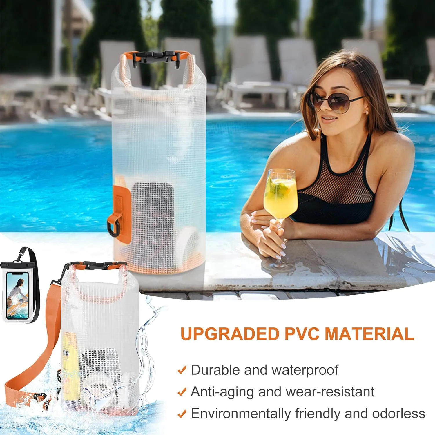 Dry Bag Waterproof, Translucent Mesh Roll-Top Lightweight Dry Storage Bag Backpack with Phone Case, 2-30L Optional, Suitable for Traveling, Swimming, Kayaking, Camping and Beach (White, 25L)